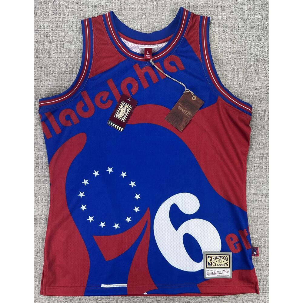 Philadelphia 76ers Jersey Mens Large Red Blue AOP Basketball Mitchell & Ness NWT